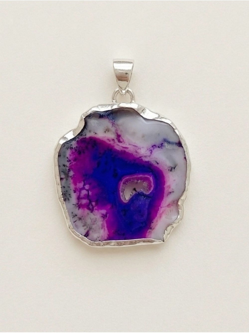 Silver-Edged Purple Dendritic Opal Agate Pendant